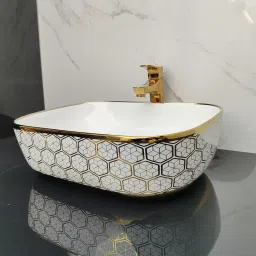 Premium Designer Table Top Counter Top Golden Wash Basin Gold Ceramic Wash Basin 2317 (L45xW33xH13.5Cm) Very Stylish Bathroom Golden Ceramic Wash Basin Table Top Basin-image-66