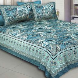 Blue Traditional 240 TC Cotton Blend Queen Sized Bed Sheets with 2 Pillow Covers by Jaipur Fabric-picture-41