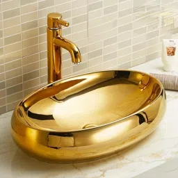 Over Counter Top Wash Basin For Living Room | Golden Washbasin Countertop Countertop Tabletop Ceramic Bathroom Kitchen Sink (24 x 16 x 6 Inch) SKTHI2202 Table Top Basin-image-81
