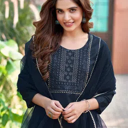 KALINI Ethnic Motifs Yoke Design Regular Sequinned  Straight Kurta with Trouser & Dupatta image 5