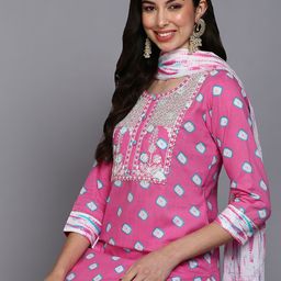KALINI Geometric Printed Thread Work Pure Cotton Straight Kurta with Trousers & Dupatta-2