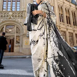 Mitera Cream-Coloured & Black Printed Block Print Saree image 2