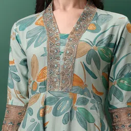 KALINI Floral Printed V-Neck Thread Work A-Line Kurta with Trousers & With Dupatta image 2