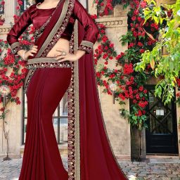 Temple Border Bollywood Lycra Blend, Chiffon Saree-image-92