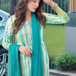 GoSriKi Ombre Printed Regular Thread Work Straight Kurta With Trousers And Dupatta image 3
