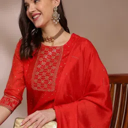 Anouk Ethnic Motif Embroidered Chanderi Cotton Kurta with Palazzos & With Dupatta-image-72