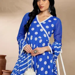 Anouk Blue Polka Dots Printed A-Line Angrakha Kurta with Trousers & Dupatta image 3