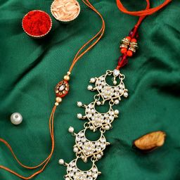 Shoshaa Set Of 2 Gold-Plated Orange Kundan lumba Bhaiya Bhabhi Rakhi Set Maangtika Gift Set with Roli Chawal-image-9