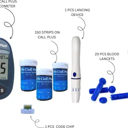 On Call Plus GLUCOMETER WITH BATTERY,20 PCS LANCETS,1 LANCING DEVICE,150 STRIPS 150 Glucometer Strips image 2