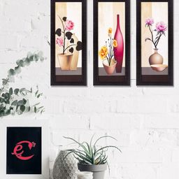 eCraftIndia Set Of 3 Beige & Pink Decorative Floral Botanical Pot Satin Matt Texture UV Wall Art-34
