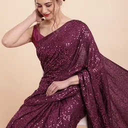 Sangria Burgundy Embellished Sequinned Pure Georgette Saree-image-34
