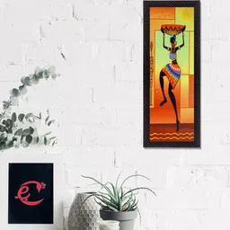 eCraftIndia Orange & Green Dancing Tribal Woman Satin Matt Texture UV Wall Art-image-7