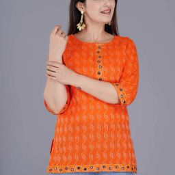 Casual Regular Sleeves Printed Women Orange, White Top-image-1