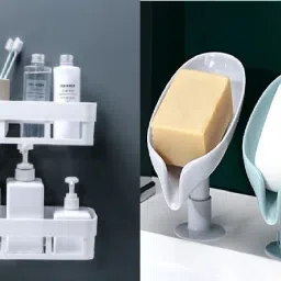 Bathroom Shelf and Soap Dish Pieces Combo (2 Bathroom Shelves+ 2 Soap Box) Plastic Wall Shelf-image-72