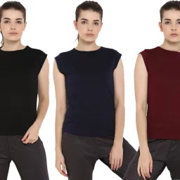 Pack of 3 Women Solid Round Neck Cotton Blend Dark Blue, Maroon, Black T-Shirt-image-25