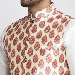 Kaifoo Men Beige & Red Printed Woven Nehru Jacket image 2