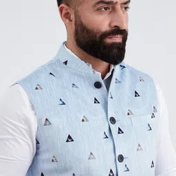 MR BUTTON Men Blue Printed Woven Nehru Jacket image 3
