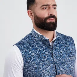 MR BUTTON Men Blue Printed Woven Nehru Jackets image 2