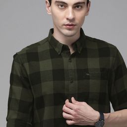 THE BEAR HOUSE Men Olive Green Slim Fit Pure Cotton Checked Casual Shirt-image-40