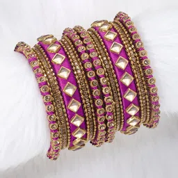 Peora Set of 18 Magenta Pink Handcrafted Silk Thread Kundan Chuda Bangles-77