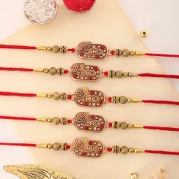 Designer MBRO RAKHI PACK OF 5 A Gold Finish Rakhi, Chawal Roli Pack Set-12