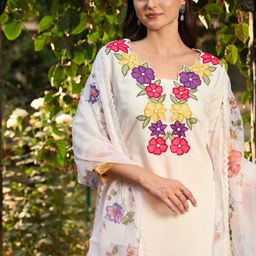 Indo Era Floral Embroidered Patchwork Straight Kurta With Trousers & Dupatta-image-51