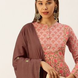 HERE&NOW Women Pink &  Coffee Brown Printed Cotton Kurti with Sharara & With Dupatta-image-34