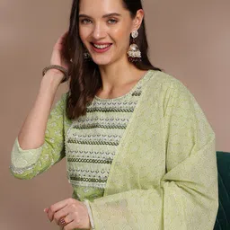 Anouk Floral Printed Round Neck Mirror Work Pure Cotton Kurta Set-picture-48