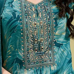 Anouk Teal Floral Embroidered Regular Mirror Work Kurta With Harem Pants & Dupatta image 2