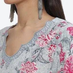 Biba Floral Printed Thread Work A-Line Kurta with Palazzos & Dupatta image 2