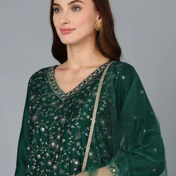 KALINI Floral Embroidered Regular Sequinned Kurta with Trousers & Dupatta image 2
