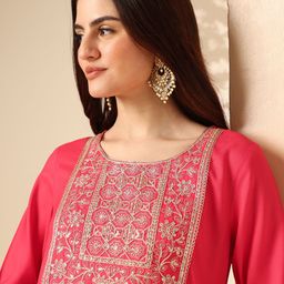 Anouk Ethnic Motifs Yoke Design Regular Thread Work Kurta with Trousers & Dupatta image 2