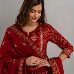 NISHABD Ethnic Motifs Printed Regular Thread Work Kurta with Trousers & With Dupatta image 2