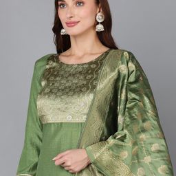 AHIKA Floral Yoke Design Kurta with Trousers & Dupatta image 2