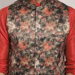 Kaifoo Mandarin Collar Kurta with Churidar & Printed Nehru Jacket image 2