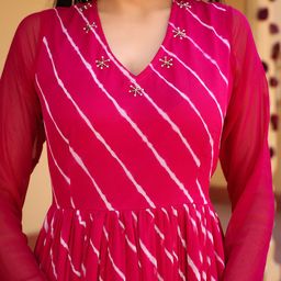 Thread & Button Leheriya Printed Anarkali Kurta with Churidar & Dupatta image 2