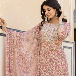 Varanga Ethnic Motifs Printed Regular Thread Work Kurta with Palazzo & Dupatta image 2