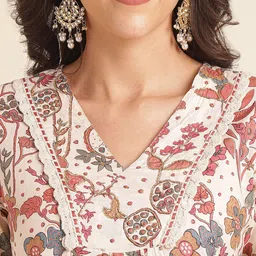 NAINVISH Floral Printed Regular Thread Work Pure Cotton Kurta With Trousers & Dupatta image 2