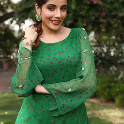 Thread & Button Floral Printed Regular A-Line Kurta With Dhoti Pants image 2
