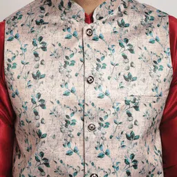 Kaifoo Mandarin Collar Regular Kurta with Churidar with Printed Nehru Jacket image 2