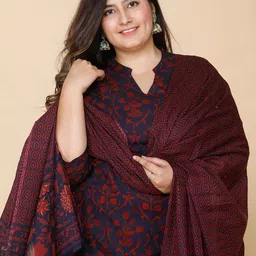MIRAVAN Plus Size Ethnic Motifs Printed Pure Cotton Straight Kurta & Sharara With Dupatta image 2