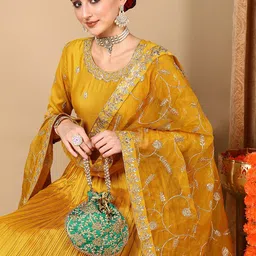 AHIKA Floral Embroidered Sequinned Empire Kurta With Trousers & Dupatta-image-21