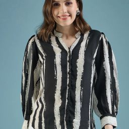 Women Regular Fit Striped Mandarin Collar Casual Shirt-image-66