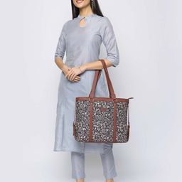 ZOUK Black and Beige Printed Handicraft Fabric & Vegan Leather Sustainable Shoulder Bag image 2