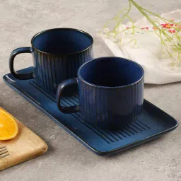 miah decor Blue Ceramic 310ml Handcrafted 3pc Coffee Mugs with Tray-picture-44
