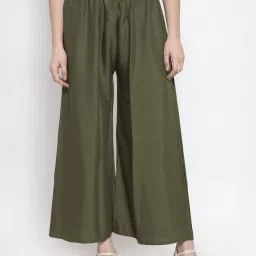 Women Flared Green Viscose Rayon Trousers-image-2