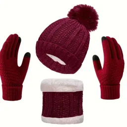 women's winter woolen caps neck warmer and touchscreen gloves set Woven Beanie-image-43