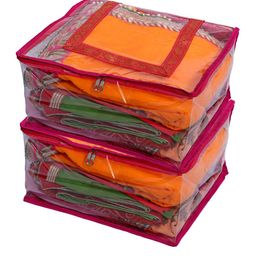 Kuber Industries Set Of 2 Transparent & Pink Solid Saree Organisers-17