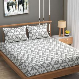 UrbanArts Grey & White Floral Printed 180 TC King Bedsheet With 2 Pillow Covers-image-12
