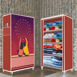 4 Shelf Couple Maroon Printed PP Collapsible Wardrobe-16